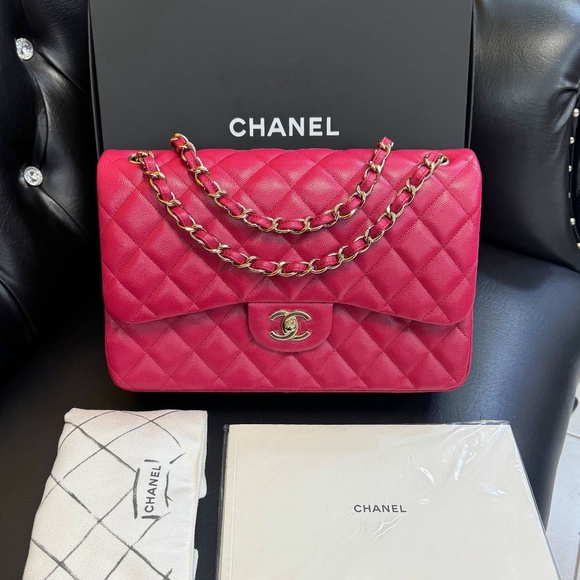 New Rare CHANEL Fuchsia Pink Large Classic Flap Bag Grained Calfskin Gold metal - Picture 2 of 14